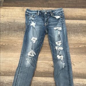 American Eagle Outfitters Blue Skinny Jeans with Distressed Details